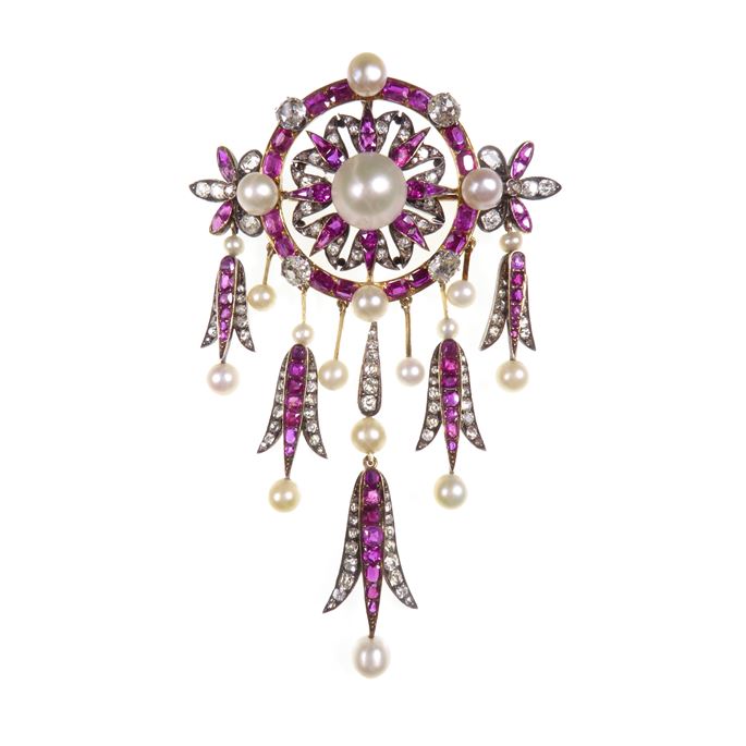 Ruby, pearl and diamond cluster brooch with pendants | MasterArt